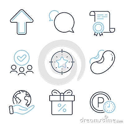 Discount offer, Beans and Parking time icons set. Messenger, Upload and Star target signs. Vector Vector Illustration