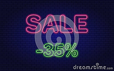 Discount 35 percent off. Neon design element. Glowing Vector. Text. Vector Illustration