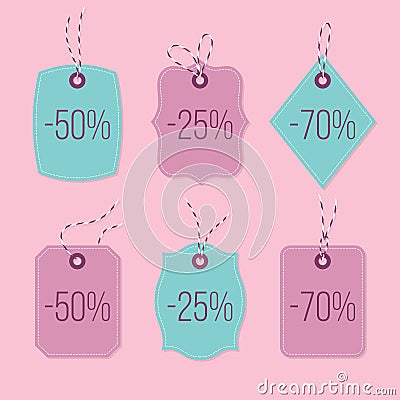 Discount price tags tied up with twine bows and ribbons set. Pap Vector Illustration