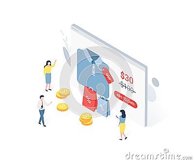 Discount sale isometric concept with characters Vector Illustration