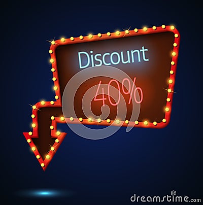 Discount signboard retro style with light frame Vector Illustration