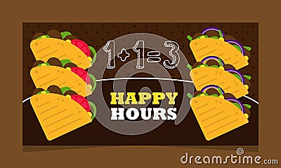 Discount and special offer on happy hour menu. Tasty mexican meal and snacks Vector Illustration