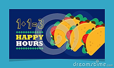 Discount and special offer on happy hour menu. Tasty mexican meal and snacks Vector Illustration