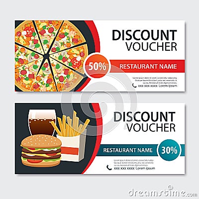 Discount voucher fast food template design. Set of pizza, hamburger, french fries. Vector Illustration