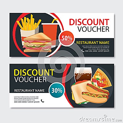 Discount voucher fast food template design. Set of pizza, sandwich, french fries, hot dog Vector Illustration