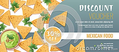 Discount voucher, mexican food template design. Coupon with nachos and guacamole sauce. Banner, poster, flyer Vector Illustration