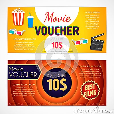 Discount voucher movie template, cinema gift certificate, coupon Vector Illustration