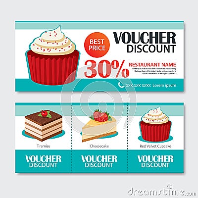 Discount voucher set of dessert template design. Set of cupcake, tiramisu, cheesecake Vector Illustration