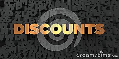 Discounts - Gold text on black background - 3D rendered royalty free stock picture Stock Photo