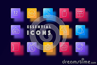 Discounts line icon. Coupon, sale, bullhorn, dollar, gift, stopwatch, grocery cart. Glassmorphism style. Vector line icon for Vector Illustration