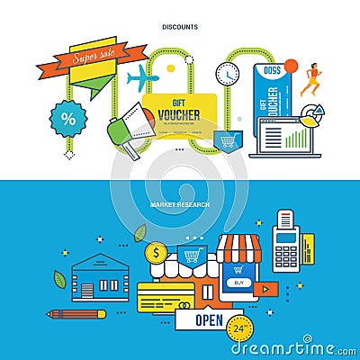 Discounts, special offers, finance, marketing, research, analysis, strategy, business planning. Vector Illustration