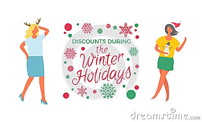 Discounts During Winter Holidays Sale Poster Woman Vector Illustration