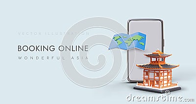 Discover Asia for yourself. Advertisement of tourist application with 3D elements Vector Illustration