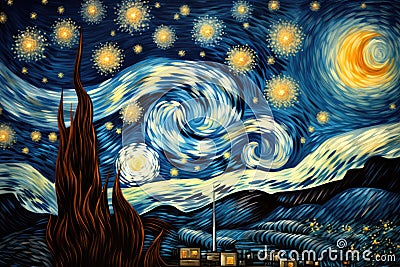 Discover the awe-inspiring artwork of a serene night sky, beautifully depicted with countless twinkling stars, Van Gogh's Stock Photo