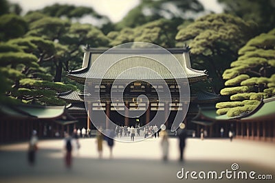 Discover the Beauty of Meiji Shrine in Japan with this Tilt-Shift Image. Perfect for Travel Brochures and Posters. Stock Photo