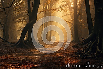 Discover the beauty of nature as you follow a tranquil path through a majestic forest brimming with towering trees, A mystical Stock Photo