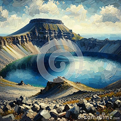 A crater lake atop a dormant volcano, surrounded by rocky terrain. landscape, Nature Painting Stock Photo