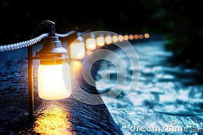 Discover a captivating glowing path, a luminous array of lights along a dark river representing the layers of internet safety with Stock Photo
