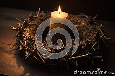 Enigmatic Worshipper Illuminated by Thorn-Crowned Candle (AI Generated) Stock Photo