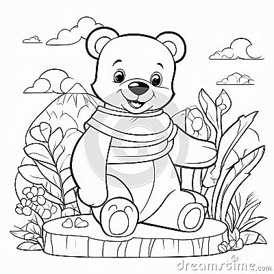 Coloring book for children: teddy bear sitting on a stump Cartoon Illustration
