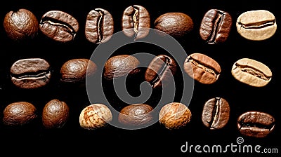 diverse world of coffee roasts with an assortment of beans laid out on a rustic wooden table Stock Photo