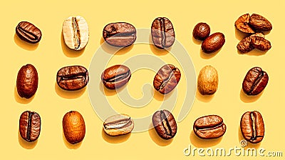 diverse world of coffee roasts with an assortment of beans laid out on a rustic wooden table Stock Photo