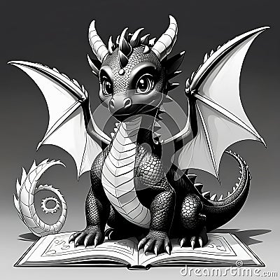 Discover Dragon's Wonder: 3D Coloring Adventure with a Baby Dragon in Black & White Stock Photo