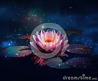 Mystical Lotus Bloom with Starry Radiance on Tranquil Waters (AI Generated) Stock Photo