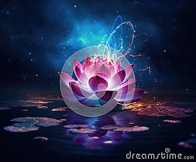 Mystical Lotus Bloom with Starry Radiance on Tranquil Waters (AI Generated) Stock Photo