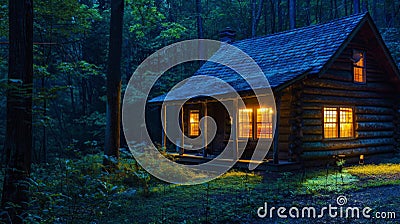 Solitude Under Starlight: Illuminated Cabin Retreat Stock Photo
