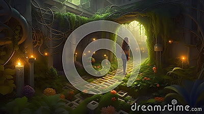 A magical labyrinth whose walls are covered with vines and flowers, glowing balls that light up the way. The figure of a wizard Stock Photo