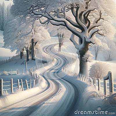 Winter Wonderland Country Road - Serene Snowy Landscape Stock Photo