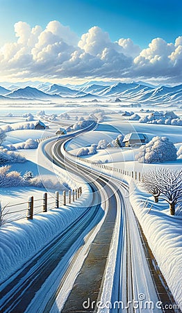Winter Wonderland Country Road - Serene Snowy Landscape Stock Photo