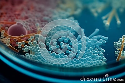 Exploring the Microscopic World: Bacteria and Virus Cells in a Petri Dish, Generative AI Cartoon Illustration