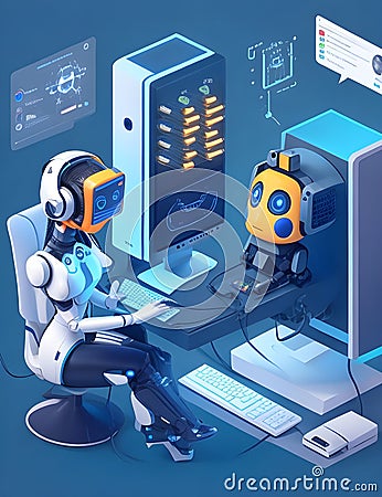 AI smart Chatbot robot working and chatting in computer with the future technology in work place ai assistant in customer support Stock Photo
