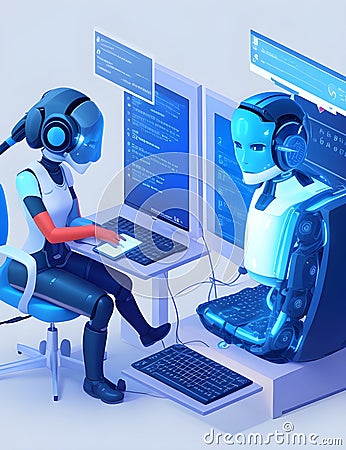 AI smart Chatbot robot working and chatting in computer with the future technology in work place ai assistant in customer support Stock Photo