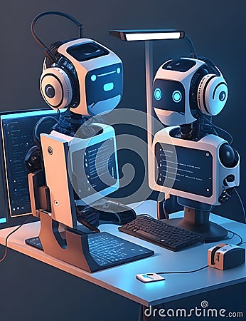 AI smart Chatbot robot working and chatting in computer with the future technology in work place ai assistant in customer support Stock Photo