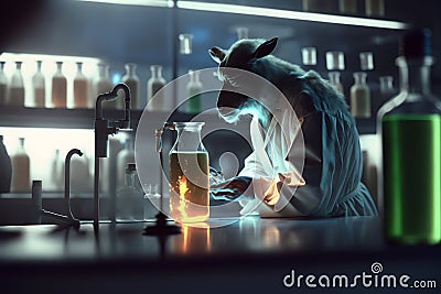 Goat Scientist in High-Tech Lab: Unreal Engine, Super-Resolution, and VR Stock Photo