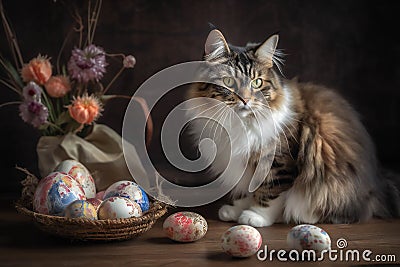 Enchanting Easter Cat Cuddling Easter Egg Toys in a Cosy Cabin (AI Generated) Stock Photo