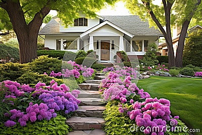 Suburban Bliss: Garden Eden Awaits at the Heart of a Cozy Homefront Stock Photo