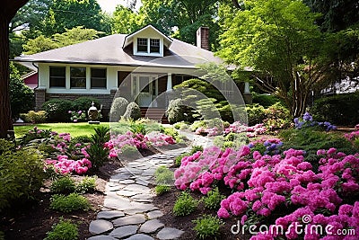 Suburban Bliss: Garden Eden Awaits at the Heart of a Cozy Homefront Stock Photo