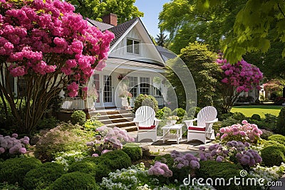 Suburban Bliss: Garden Eden Awaits at the Heart of a Cozy Homefront Stock Photo