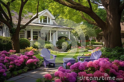 Suburban Bliss: Garden Eden Awaits at the Heart of a Cozy Homefront Stock Photo