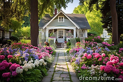 Suburban Bliss: Garden Eden Awaits at the Heart of a Cozy Homefront Stock Photo