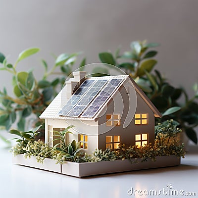 House with solar panels on a light background. Alternative energy source. Ai generative Stock Photo