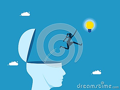 Discover new ideas. woman jumping out of head to grab a light bulb Vector Illustration