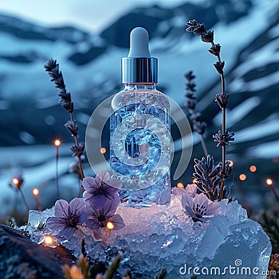 Discover the perfect combination of beauty and elegance in this serum bottle on a podium. Stock Photo