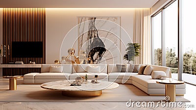 Refined Luxury: Exquisite 3D Model of a Minimalistic Living Room with Elegant Furnishings and Artwork Stock Photo