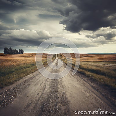 Tranquil Journey: A Rural Road Under the Embrace of Rainclouds Stock Photo