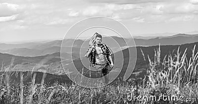 Discover sounds of nature. Musician hiker find inspiration in mountains. Peaceful hiker. Conquer the peaks. Man hiker Stock Photo